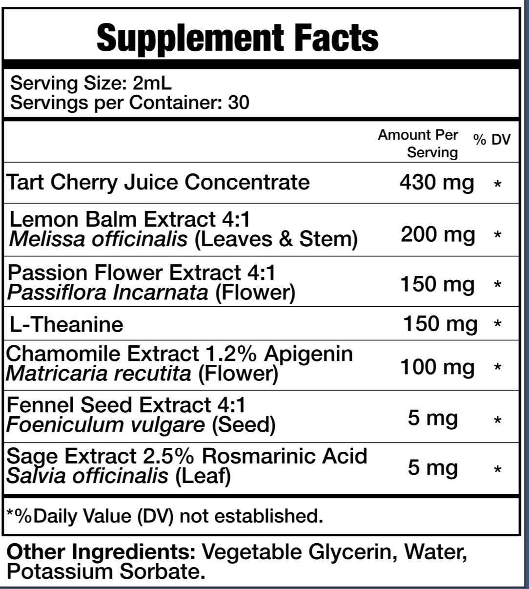 Sleep Flow Supplement Facts panel: serving size 2 mL, 30 servings per container