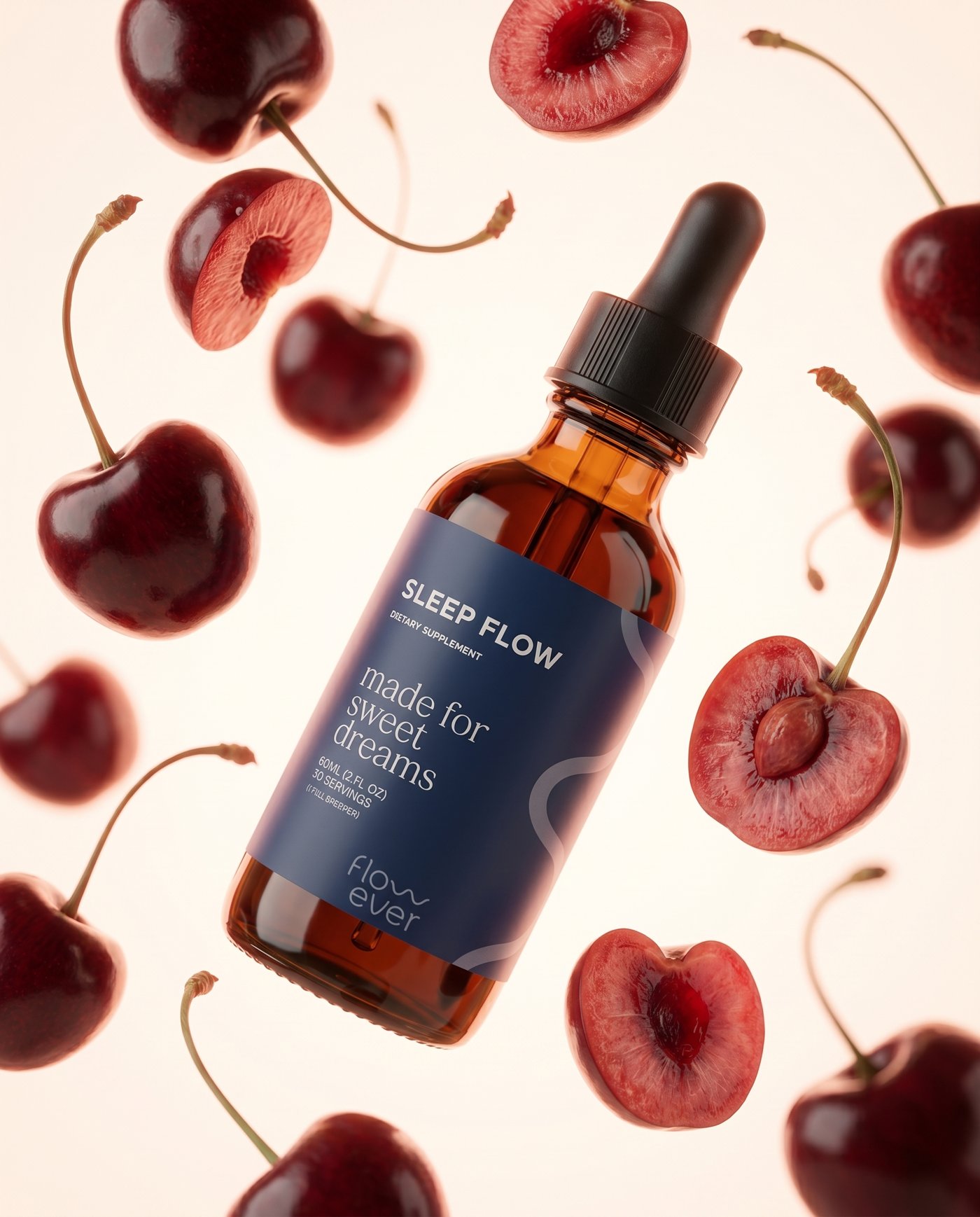 Sleep Flow liquid sleep supplement bottle surrounded by cherries